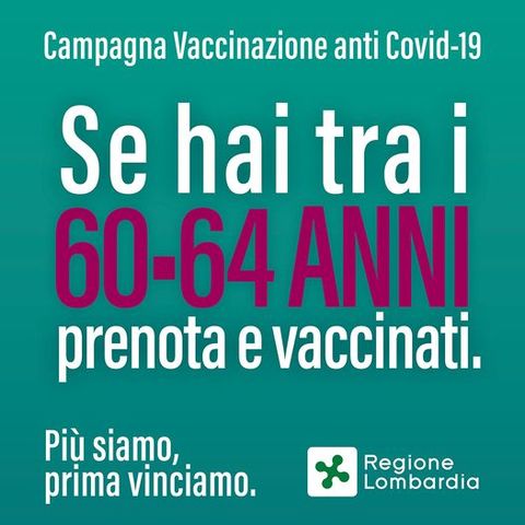 Vaccinazioni anti Covid 19: al via le prenotazioni per la fascia 60-64 anni
